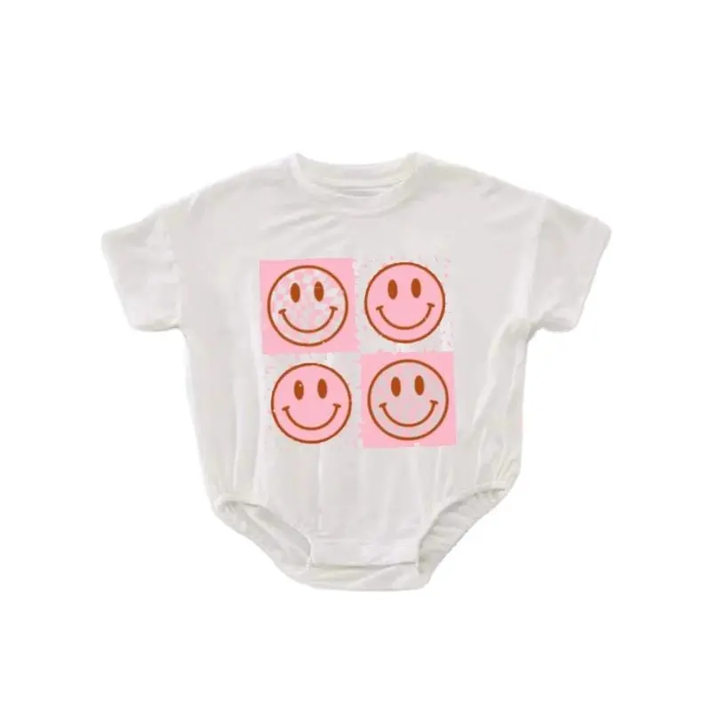 Pink Smiley Face Printing Solid Round Neck T-Shirt Elastic Band Knitted Summer Baby Clothes Infant Romper