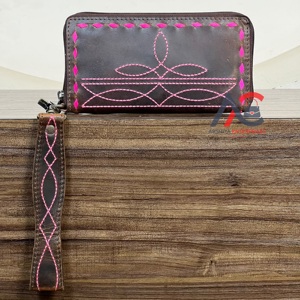 Nueva Llegada Cartera de Mano de Cuero Genuino Hecha a Mano con Costuras Estilo Bota, Estilo Western, Porta Dinero y Tarjetas, Monedero de Muñeca con Cremallera para Mujer - Product Image 1