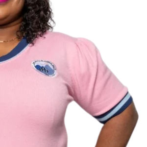 Pull en maille rose clair à col en V pour femme, manches bouffantes, pull décontracté, haut tendance avec logo brodé, vêtement élégant - Product Image 3