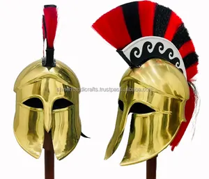 Medieval Greek Corinthian Helmet With Red And Black Plume Armor Wearable Helmet Inner Leather Liner Chin Strap Brass Helmet