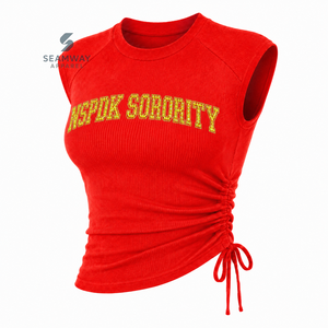 NSPDK Sorority Women's <b>Red</b> Bling Rhinestone Ribbed Tank <b>Top</b> Ruched Side Crew Neck Raglan Cap Sleeve Casual <b>Crop</b> <b>Top</b> - Product Image 2