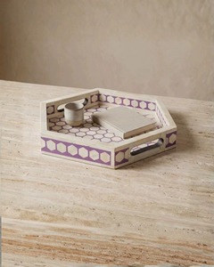 Plateau de service rectangulaire décoratif en bois, fait main, de luxe, avec incrustations en os violettes, pour petit-déjeuner, thé, café, ottoman, ou plateau de vanité, motif géométrique - Product Image 3