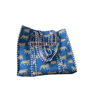 Bolso de hombro de algodón acolchado con bloque de mano indio para mujer, bolso de mano de lona con diseño de flores para regalo de compras ecológico de gran capacidad - Product Image 1