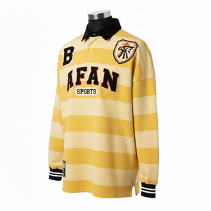 เสื้อรักบี้ผู้ชายผ้าฝ้าย GSM หนานุ่ม สีเหลืองครีม ลายทางถัก ปักลายปักโลโก้แบบกำหนดเอง สำหรับเสื้อโปโล - Product Image 4