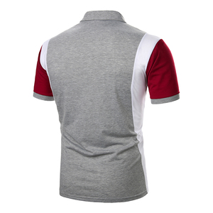Chemise pour homme en tricot à blocs de couleur, manches courtes, style décontracté chic, gris, rouge, blanc, anti-rides, 100% coton, 220 grammes - Product Image 2