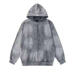 Sudadera con capucha de hombre personalizada, con bordado, efecto desgastado, cremallera con pedrería, lavado ácido y vintage, de forro polar, estilo streetwear - Product Image 2