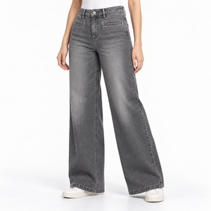 Jean en denim à jambe large pour femme, taille mi-haute avec poches horizontales sur les hanches, gris fumé, lavable et respirant - Product Image 3