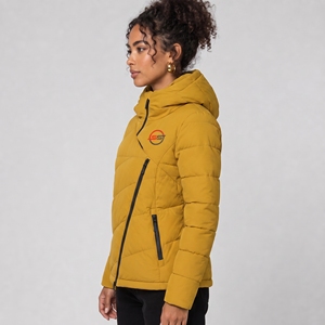 Chaqueta Acolchada para Mujer, Color Amarillo Mostaza, con Capucha, Cierre de Cremallera, Relleno de Poliéster, Ropa de Invierno, Diseño con Logotipo Frontal, Chaqueta Estilo Puffer - Product Image 5