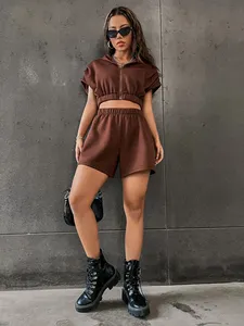 Womens Solid Brown <b>Short</b> Sleeve Full Zip Hooded Crop Sweatshirt and Relaxed Fit <b>Shorts</b> Twin <b>Set</b> OEM ODM Wholesale Apparel - Product Image 4