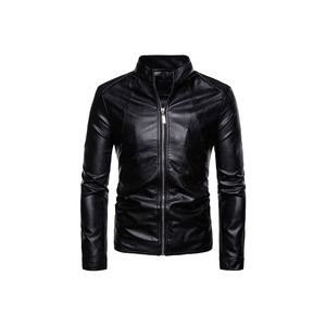 Veste de moto en cuir PU noir pour homme, col montant, fermeture éclair, coupe classique, vêtement d'hiver imperméable, respirant et coupe-vent - Product Image 1