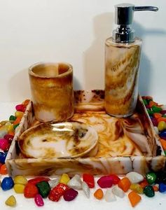 Handcrafted Resin Bathroom Set Earth Tone Swirl Liquid Soap Dispenser Toothbrush Tumbler Oval Soap Tray Square <b>Vanity</b> Organizer - Product Image 1
