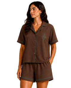 Customized Brown Women Pajama Set Short Sleeve Button <b>Down</b> Nightwear Soft Breathable Summer Sleepwear Casual Lounge Set - Product Image 1