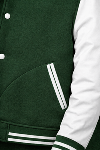 Chaqueta Varsity Verde y Blanca 100% Lana, Estilo Preppy, Cuello Camisero, Botones de Cuero Genuino, Corte Regular, Transpirable para Invierno - Product Image 4
