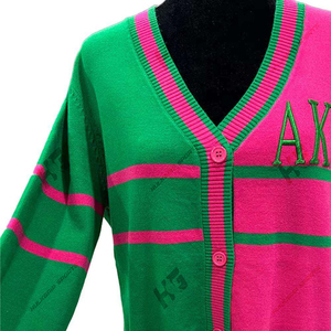 Custom logo AKA Pink Green Sorority V-Neck <b>Cardigan</b> <b>Sweater</b> 100% Cotton Knitted Breathable Autumn Unisex 2-Tone Front Embroidery - Product Image 2