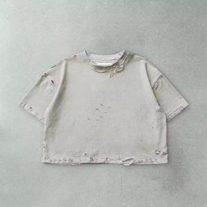 Camiseta Blanca Oversize Corta de Algodón para Hombre, Estilo Urbano, Desgastada, Manga Corta, Cuello Redondo, Ajuste Jersey - Product Image 2