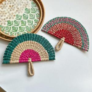 ethnic design dark green beige and <b>pink</b> woven seagrass hand <b>fan</b> artisan made cooling prop for outdoor weddings and summer gather - Product Image 5