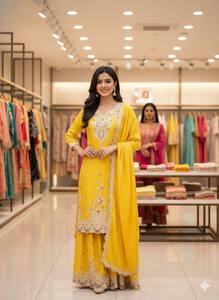 Traje Sharara Amarillo Mostaza Elegante Más Vendido con Intrincados Detalles de Espejo y Bordado, Ropa Étnica de Diseñador para Mujer, Ideal para Bodas - Product Image 6