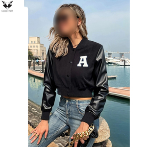 Premium Quality Newest Style Women's Black Varsity Jacket With Embroidered A Logo Full Sleeve Turn <b>Down</b> Collar Autumn Wear - Product Image 3