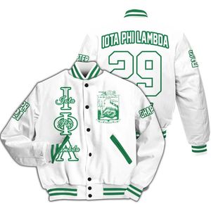 Veste universitaire personnalisée pour femmes Iota Phi Lambda, blanche unie, avec lettres vertes, écusson, numéro et année, style bomber - Product Image 3