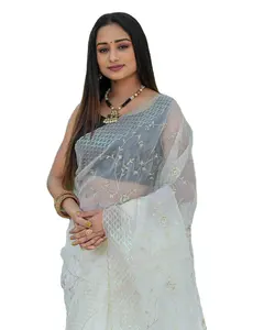 Organza White Colored Designer Fashioned Diamond Work Saree With Fancy Blouse Piece For Women