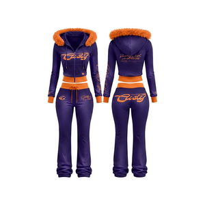 Ensemble de survêtement à capuche pour femme, violet et vert, avec logo rose imprimé, pantalon de survêtement décontracté et haut court à manches longues avec fermeture éclair - Product Image 5