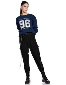 เสื้อสเวตเชิ้ตคอกลมโอเวอร์ไซส์สำหรับผู้หญิง ผ้าฝ้าย 100% สีกรมท่า พิมพ์ลายโลโก้ด้านหน้า 96 แขนเสื้อปกติ สวมใส่สบายๆ ในฤดูใบไม้ร่วง - Product Image 1