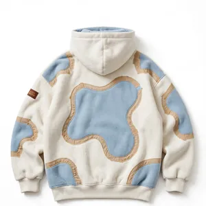 Sweat à capuche personnalisé en polaire ondulé 500 GSM, coupe ample, style streetwear, avec broderie de faucon et patchwork - Product Image 2