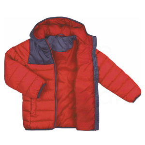 Red Hooded Puffer Jacket With Navy Blue Panel Windproof Casual Winter <b>Coat</b> <b>Zipper</b> Closure Polyester Wadding Regular Fit - Product Image 3