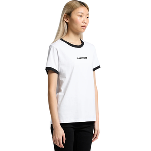 T-shirt à col rond et manches courtes pour femme, avec bordure contrastante, coupe classique, imprimé discret sur la poitrine, en jersey de coton, style Ringer, vente en gros, personnalisable, OEM - Product Image 5