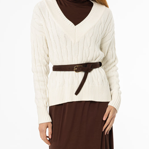 Pull en tricot torsadé à col en V pour femme, 100% laine, manches longues, épais, décontracté, coupe classique, couleur unie, tricoté à la main - Product Image 3