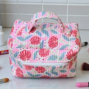 Floral Quilted Makeup Bag Medium Size Zipper Closure Soft Handle Cosmetic <b>Case</b> for Women Travel Use - Product Image 4