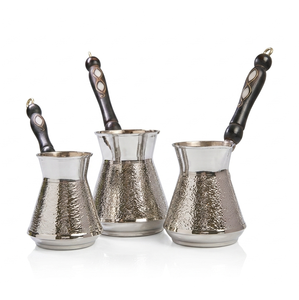 Juego de 3 piezas de cafetera turca plateada, de cobre texturizado y chapado en plata, Cez Ibrik, juego de cafetera árabe premium con mango incrustado. - Product Image 1