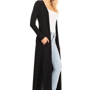 Cárdigan largo de invierno para mujer, negro, de manga larga, estilo Duster, grueso, con frente abierto, maxi, de punto, lana/cachemira, con dobladillo asimétrico, cómodo y casual para capas. - Product Image 6