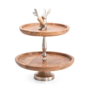 Minimalist <b>cake</b> <b>stand</b> Round Wooden Two-Tier <b>Cake</b> <b>Stand</b> with Silver Rabbit Decorative Top Tier - Product Image 1