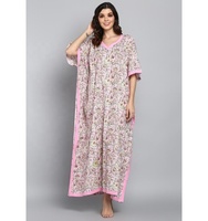 Kaftan à col en V à fleurs imprimé de blocs de main roses emblématiques Cool Knit By 100% Soft Cotton Comfiest & Cool Lounge Wear In All Day