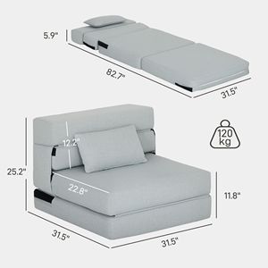 Divano Letto Pieghevole Moderno in Lino con Cuscino per Soggiorno o Dormitorio, Grigio Chiaro - Product Image 3