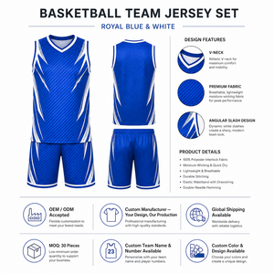 Ensemble de maillots de basket-ball bleus pour hommes, sans manches, col en V, imprimé géométrique sublimé, vêtements de sport respirants, noms d'équipe personnalisés - Product Image 3