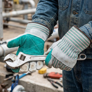 Guantes de Trabajo de Cuero Vacuno de Primera Calidad con Palma Reforzada Verde y Dorso de Lona a Rayas, Guantes de Seguridad Industriales Resistentes - Product Image 2