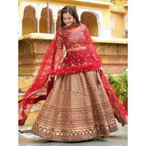 ชุดสตรี Lehenga Choli ผ้าไหมดิบปักเลื่อมสีน้ำตาลเข้มที่สวยงามสำหรับเจ้าสาว - Product Image 5