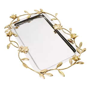 Highest Quality Hammered Metal <b>Tray</b> With Floral Handle Eco-Friendly Table Decoration <b>Snacks</b> Serving <b>Tray</b> For Hotel Supplies - Product Image 3