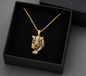 Collier pendentif tête de tigre plaqué or avec strass et zircon, chaîne à maillons, bijoux de mode hip-hop pour hommes, idéal pour les soirées - Product Image 1