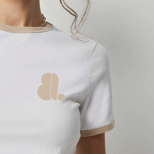 <b>Women's</b> <b>White</b> Crew Neck Ringer Short Sleeve <b>T</b>-<b>Shirt</b> Beige Logo Regular Fit Casual Summer 100% Organic Cotton Eco-Friendly - Product Image 2