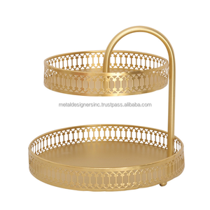 แท่นโชว์โลหะ2ชั้นสีทอง,แท่นแกะสลักแผ่นกลมสำหรับตกแต่งบ้าน - Product Image 2