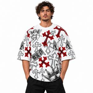 Camiseta Oversize de Cuello Redondo para Hombre, Manga Corta, Estilo Urbano, con Estampado Integral de Cruz y Corona de Ángel - Product Image 1