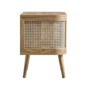 Table de chevet en bois massif et rotin tressé à la main, meuble de rangement compact pour salon et chambre à coucher - Product Image 2