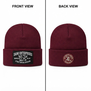 Bonnet en tricot côtelé acrylique premium pour homme, 280 GSM, bordeaux, chaud, hiver, avec revers, logo personnalisé brodé ou tissé - Product Image 1