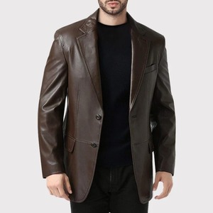 Men's Single Breasted Brown Leather Blazer <b>Coat</b> - Product Image 1