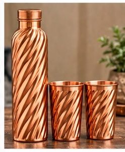 Artisnal Copper Water Bottle Set with <b>2</b> <b>Cups</b> Leaf Engraved Vintage <b>Flask</b> with Lid Portable Drinkware - Product Image 2