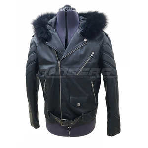 Chaqueta de Cuero Negra con Capucha de Piel, Abrigo de Invierno de Cuero Genuino Premium, Mangas Largas, Chaquetas de Motero al por Mayor de Marca Privada - Product Image 1