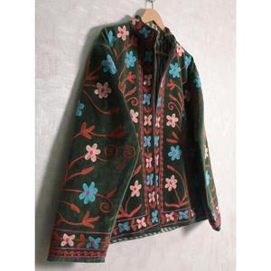 Boho Indian Velvet Suzani Embroidery Quilted Breathable <b>Stand</b> Jacket Women Handmade Long Sleeve Designer Ethnic Winter <b>Coat</b> - Product Image 4